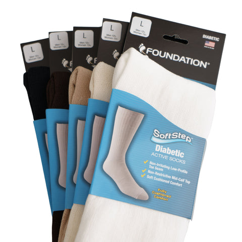 Close up on front of packaging for all colors of Softstep Diabetic Active Socks by Foundation