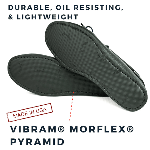 VIBRAM Morflex pyramid soles on the KFG Spring Grove Moccasins, Durable, Oil Resisting, & lightweight