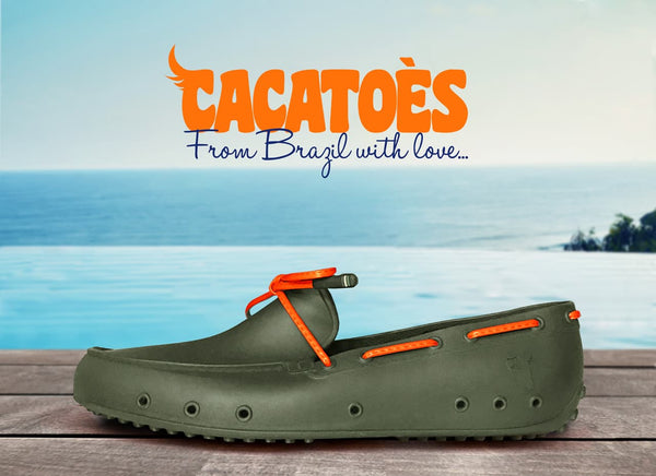 Cactoes Logo From Brazil with love... with image of Khaki Rubber Moccassin on a dock in front of the ocean