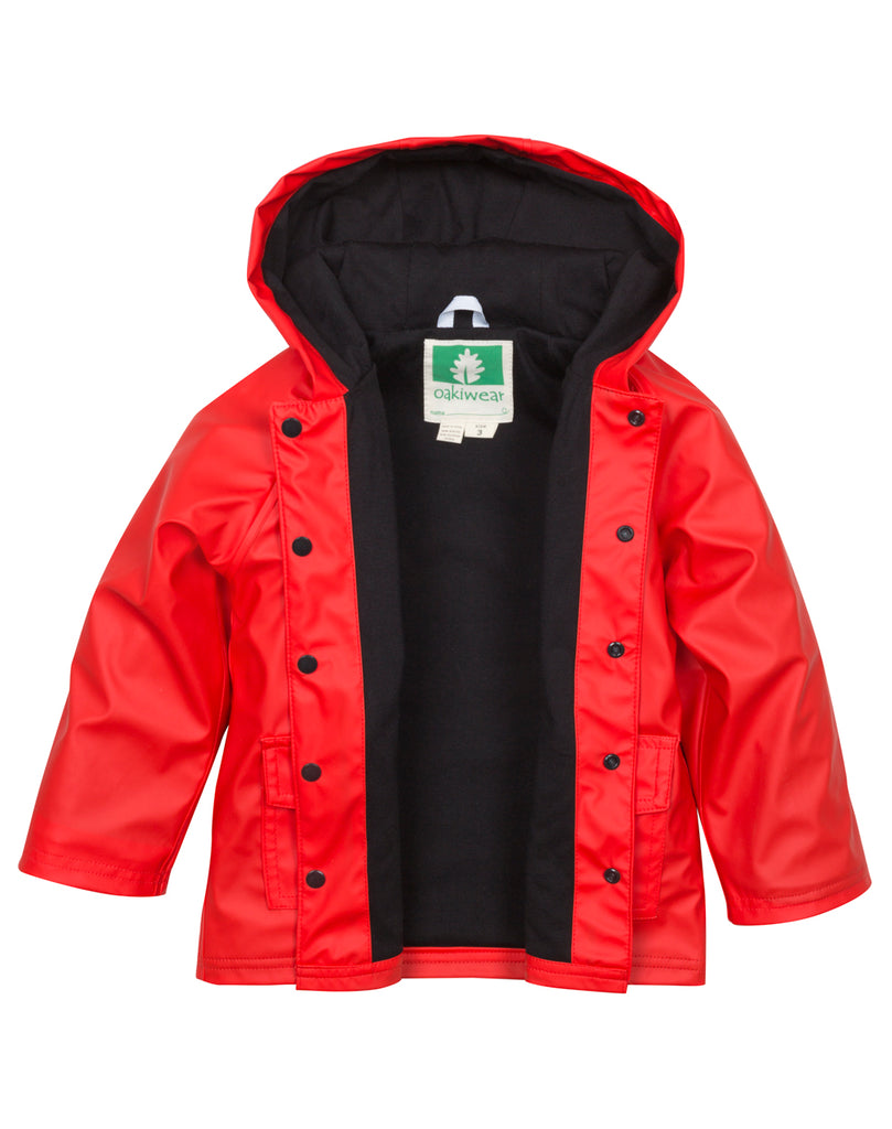 red and black rain jacket