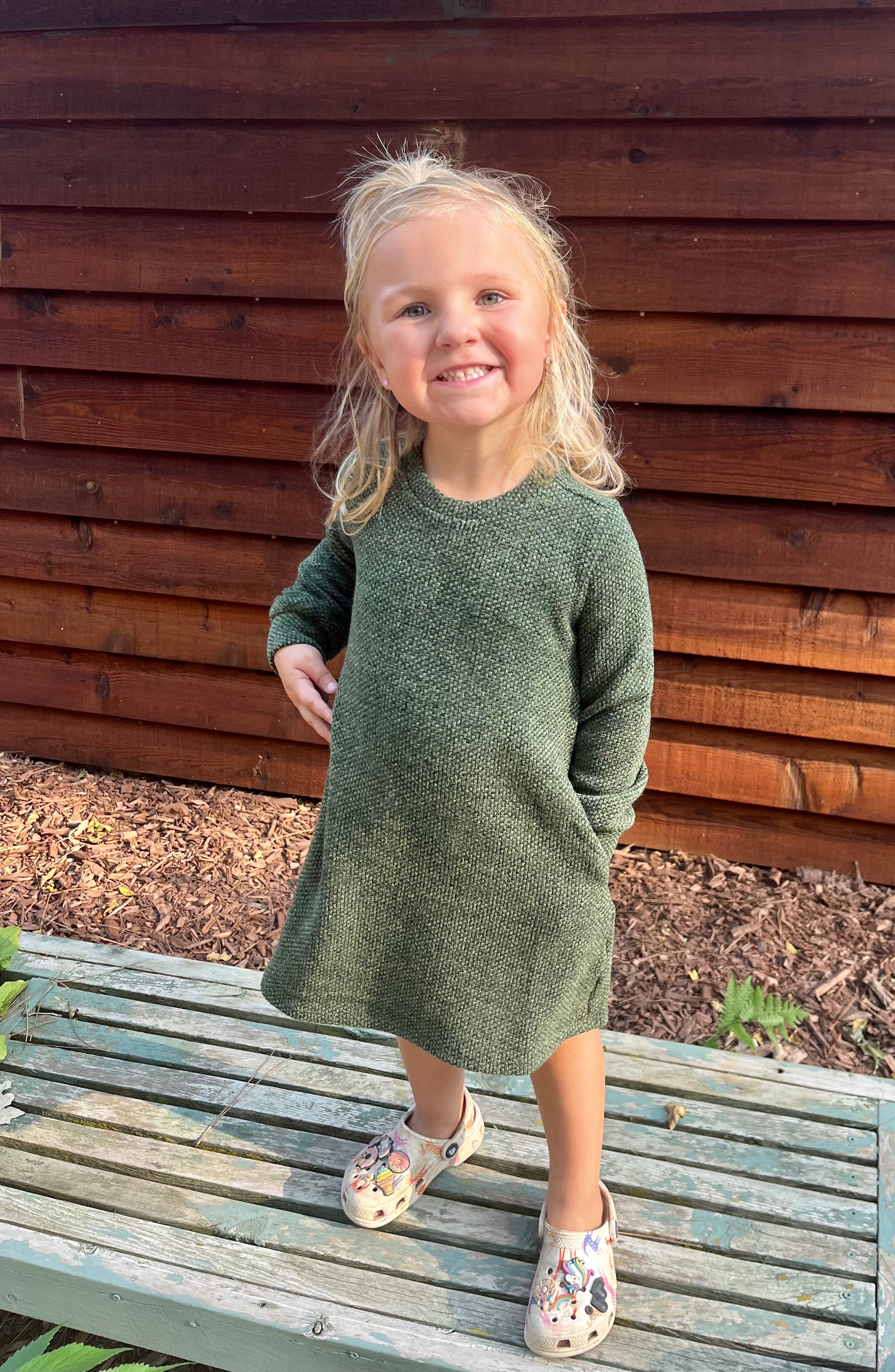 Adorable Puff Sleeve Kids Dress In Olive