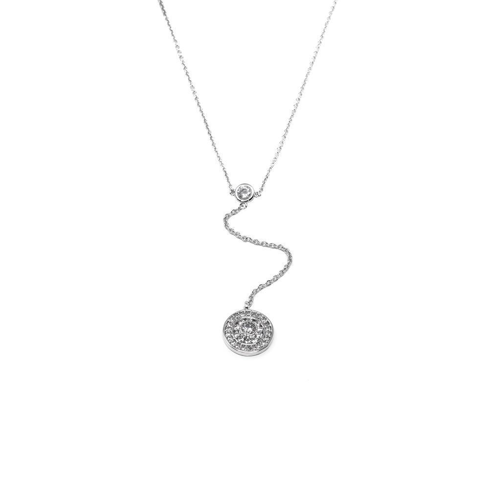 16 Inch CZ Circle Chain Drop Necklace Rhodium Plated