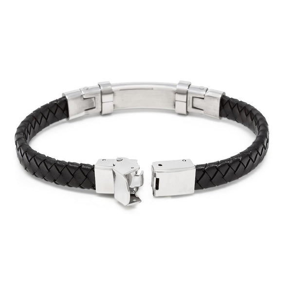 Black Leather Stainless Steel Cable Station Bracelet