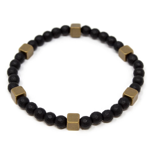Men's Black Hematite Bracelet with Gold Tone Cube Stations