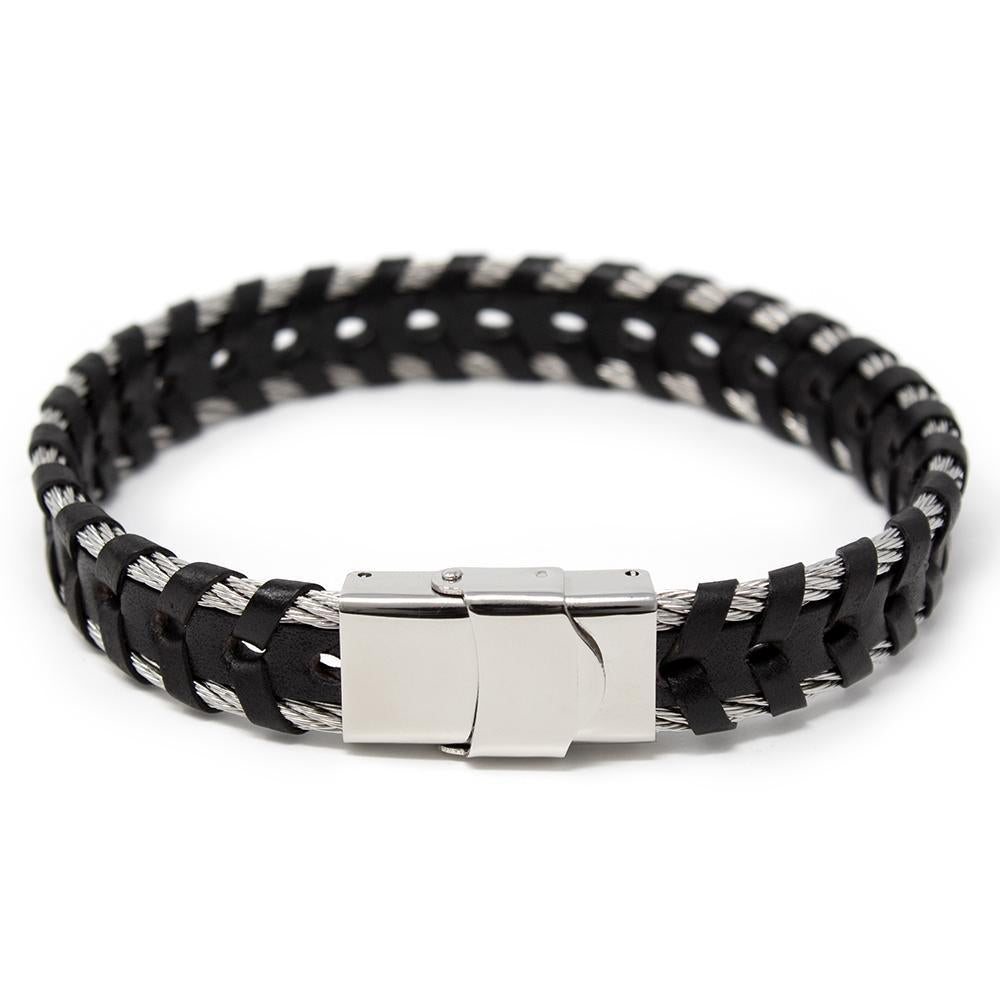Men's Stainless Steel Braided Leather in Cable Bracelet Black