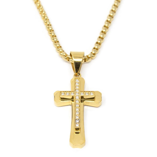 Stainless Steel CZ Cross Pendant Large Gold Plated