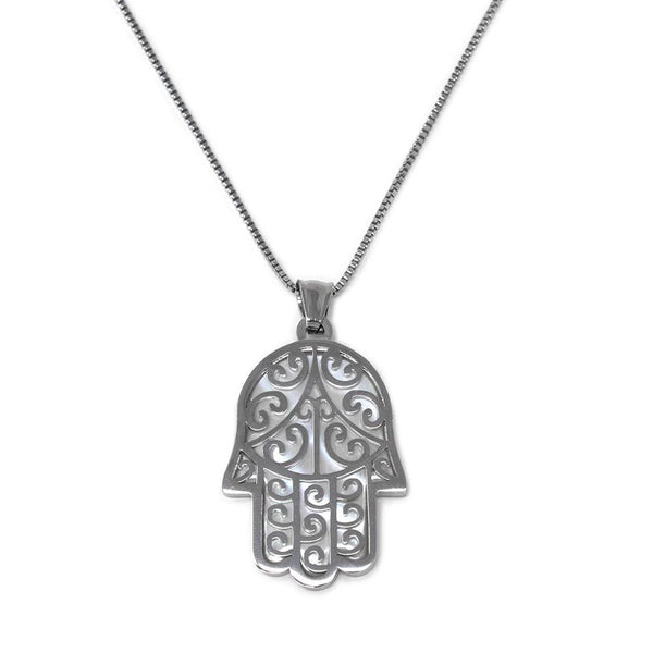 Stainless Steel MOP Hamsa Hand Long Necklace