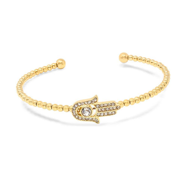 Stainless Steel Pave Hamsa Hand Beaded Bangle Gold Plated
