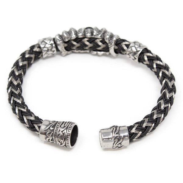 Stainless Steel Rubber Braided Bracelet with Jet CZ