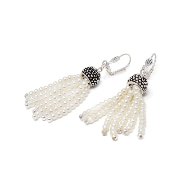 Tassel Earrings Antique Silver Pearl Beads