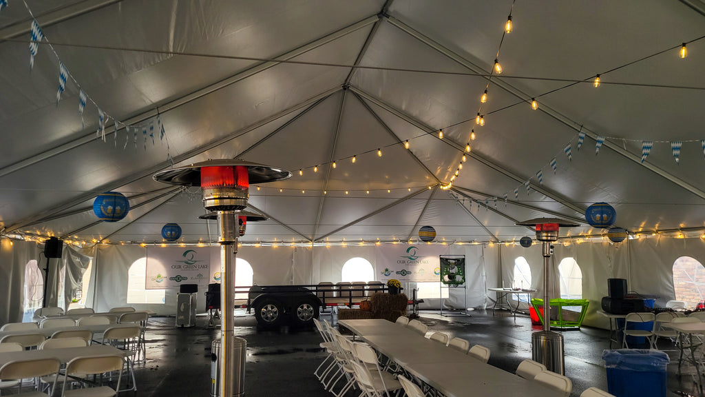 frame tent with string lighting
