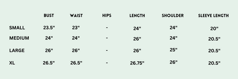 Sage Waffle Top Hoodie- Size Chart