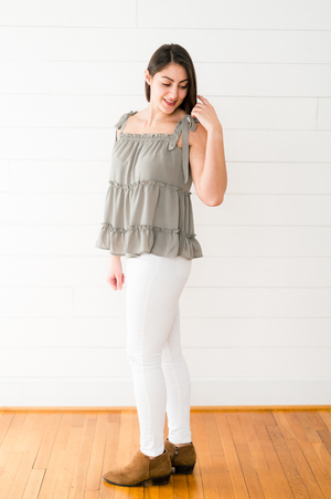 The Tammy Lee- Sage Woven Tiered Top with Tie Shoulder Strap
