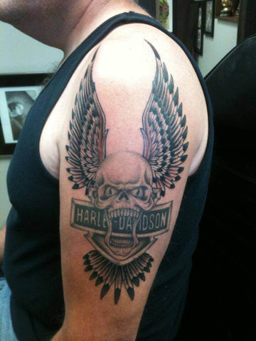 Grey Skull And Harley Davidson Logo Tattoo On Right Half Sleeve