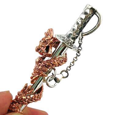 dragon sword copper & sterling silver pendant