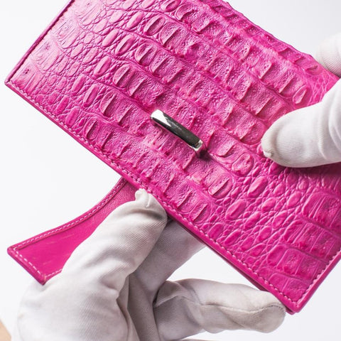 Genuine Rich Pink Crocodile Hornback Skin Long Wallet