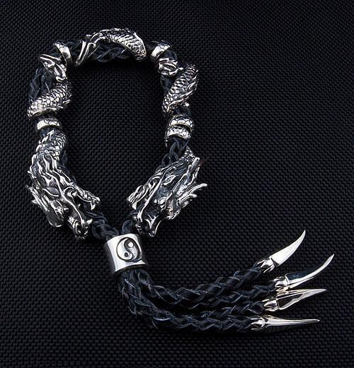 braided genuine leather & sterling silver dragon bracelet