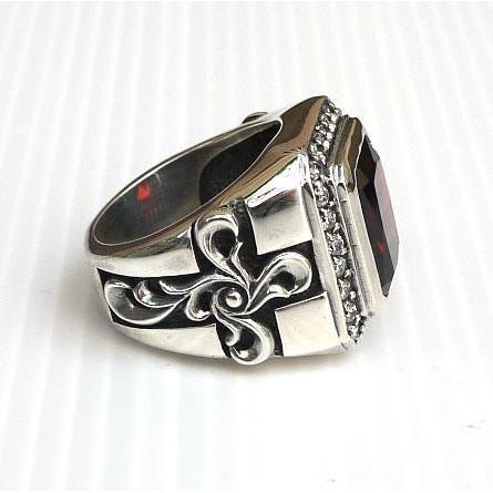Tribal Cross Red Garnet Sterling Silver Mens Ring