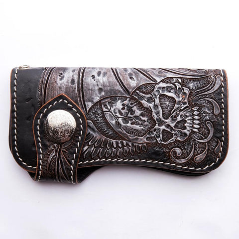 Tribal Skull Carved Genuine Cowhide Leather Biker Wallet