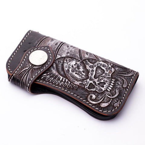 Tribal Skull Carved Genuine Cowhide Leather Biker Wallet