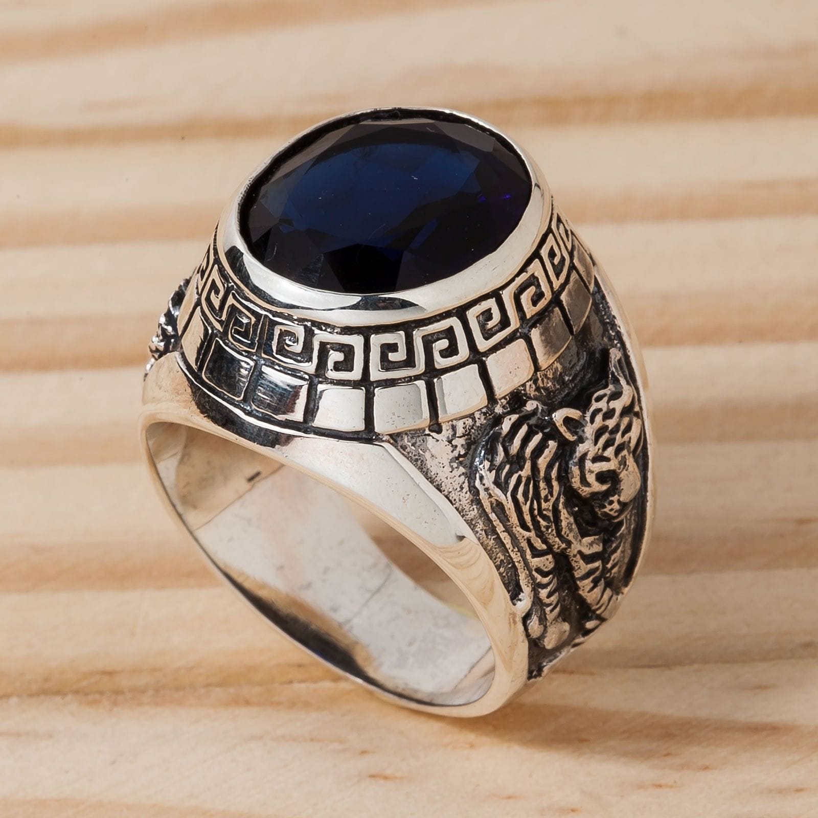 Sterling Silver Sapphire Japanese Tiger Dragon Mens Ring