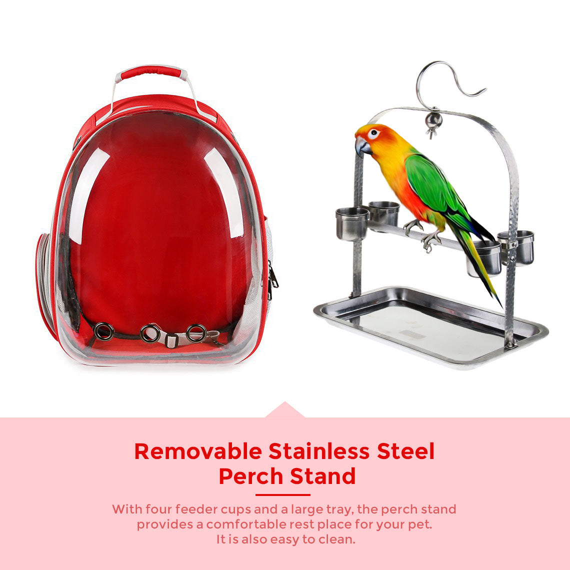 Clear Cover Parrot Bird Carrier Backpack with Stainless Steel Perch Stand & Feeder