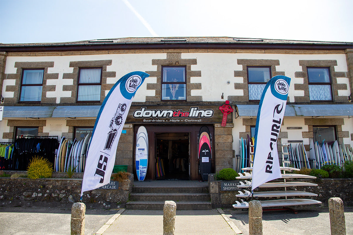 the front of down the line surf store, hayle, cornwall