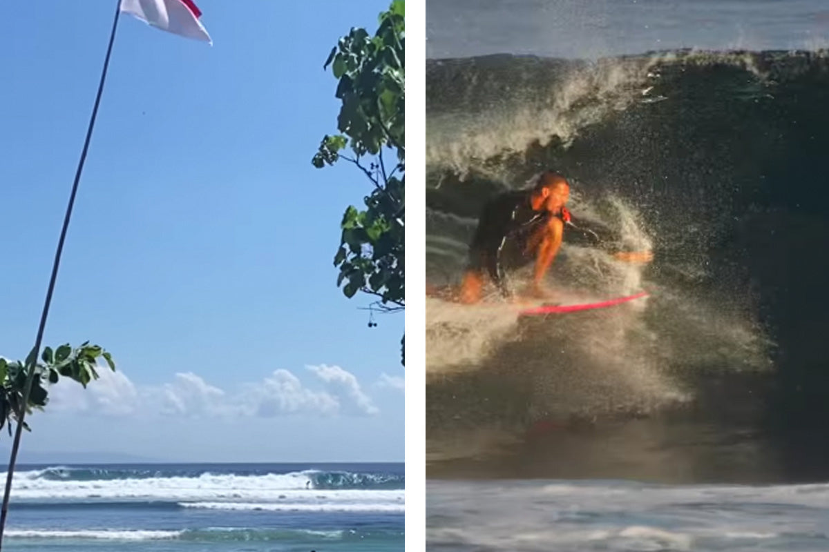 two portrait images one of waves breaking at desert point and the other of logan nicol surfing desert point