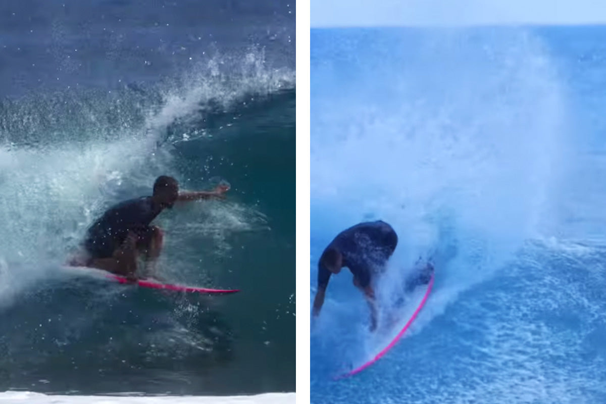 two photos of logan nicol surfing at desert point, lombok, indonesia