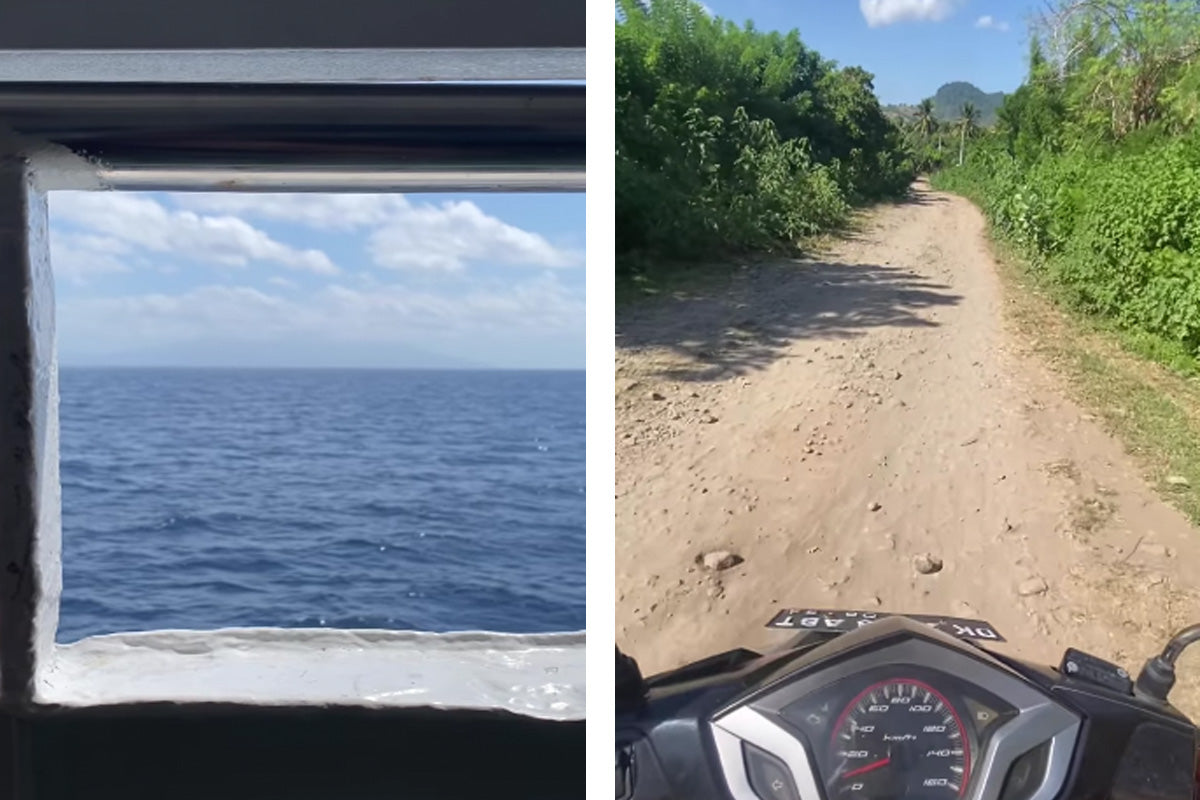 two images of travelling from bali to lombok by ferry and moped