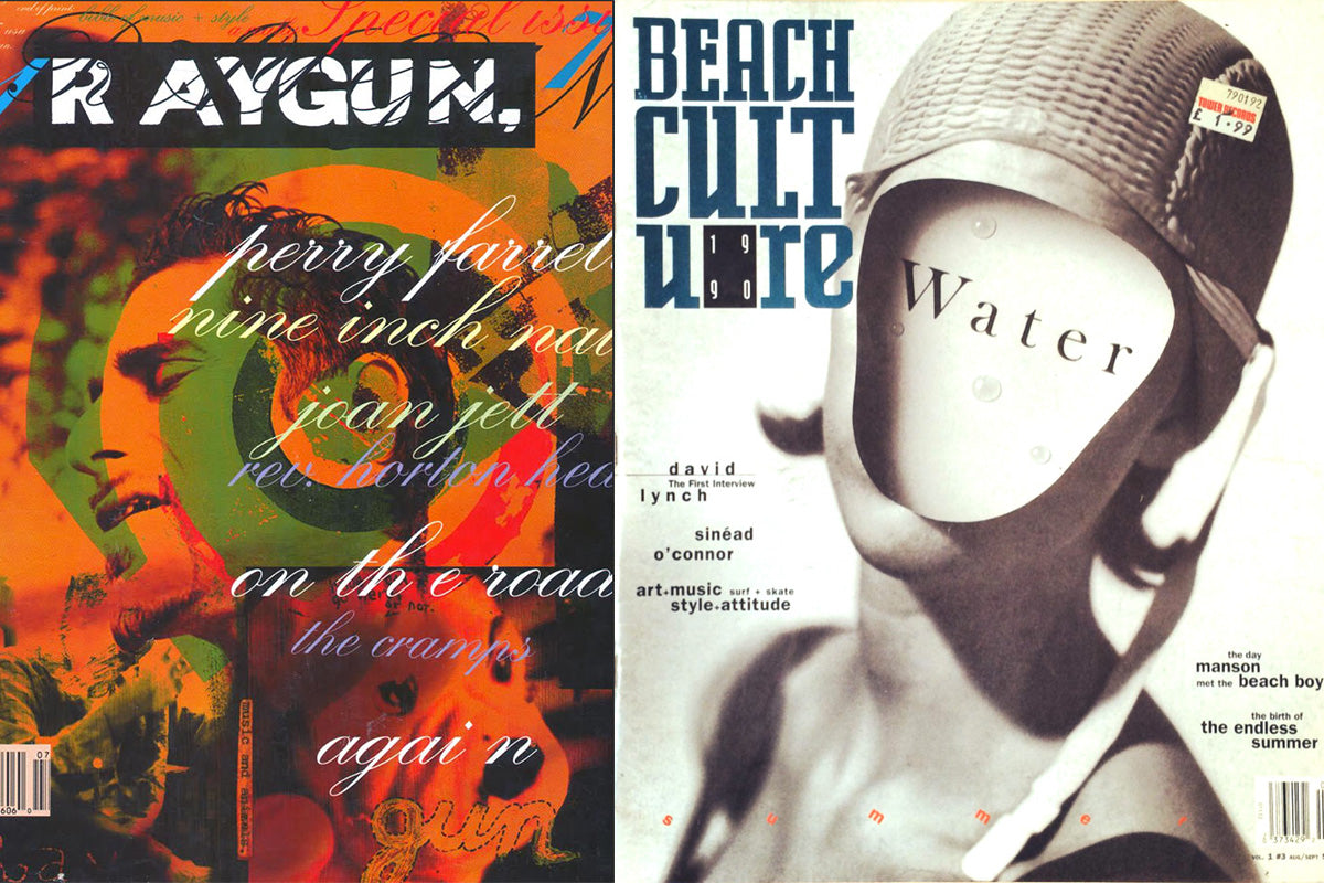 front covers of ray gun magazine and beach culture magazine designed by david carson