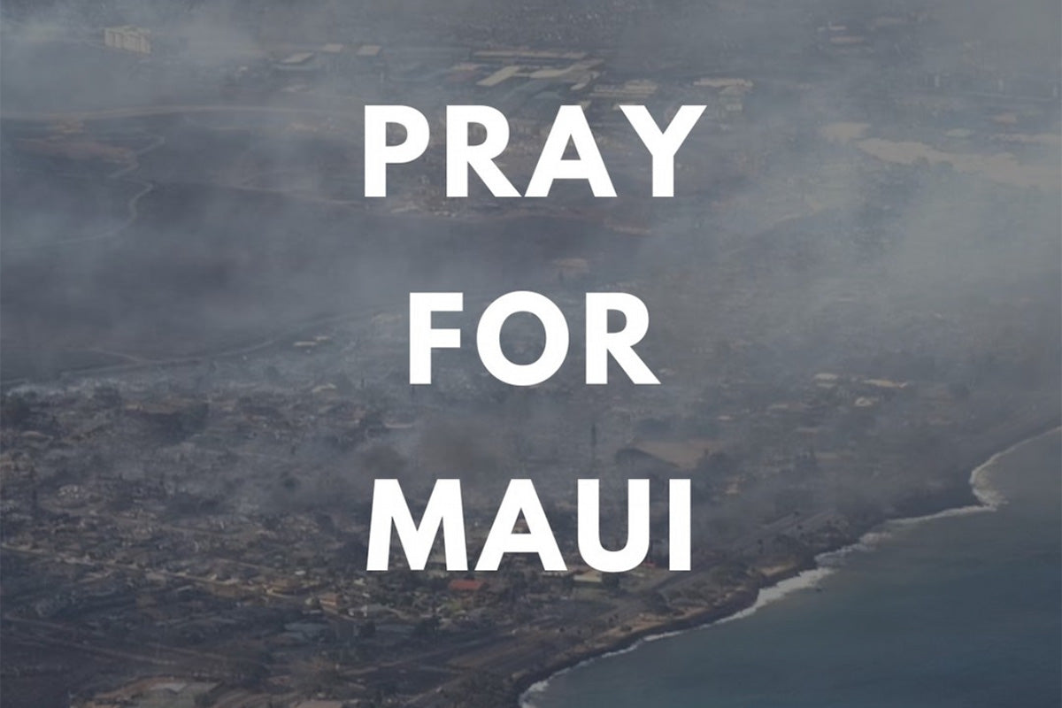 aerial view of aftermath of lahaina wildfire with text pray for maui overlaid