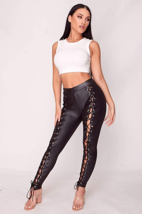 Women Red Leather Front Laceup Pants