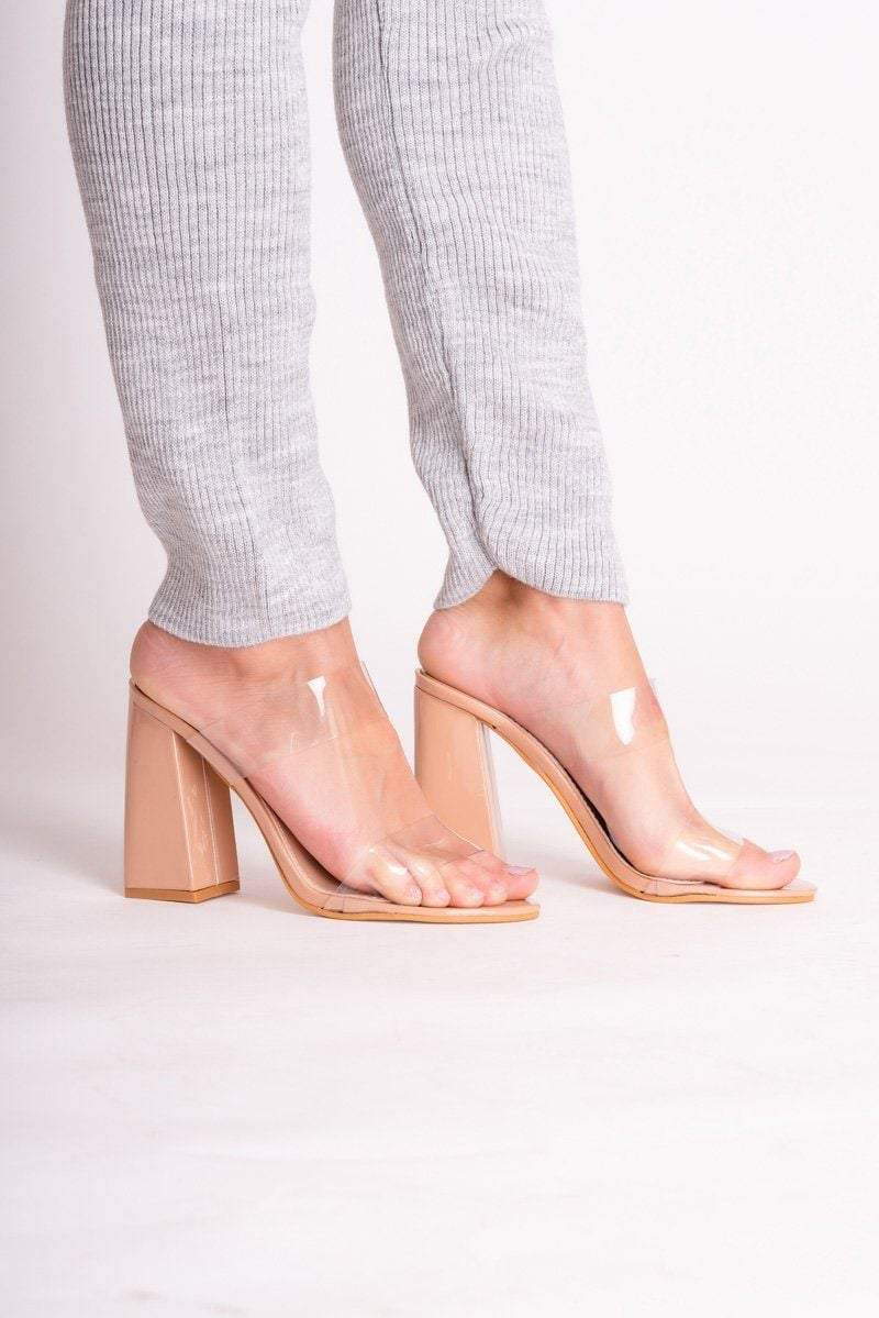 clear strappy block heels