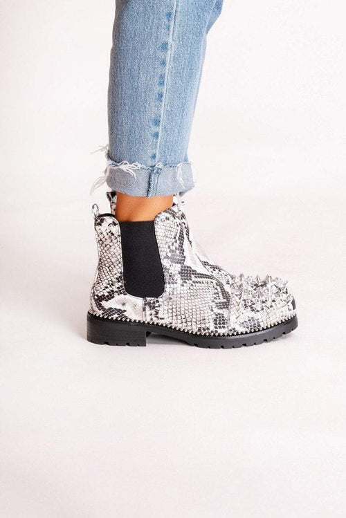 white snake print boots