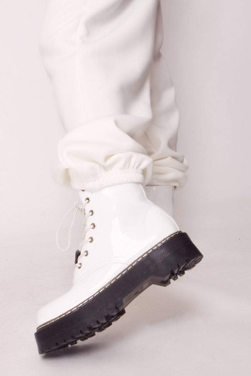 white patent lace up boots