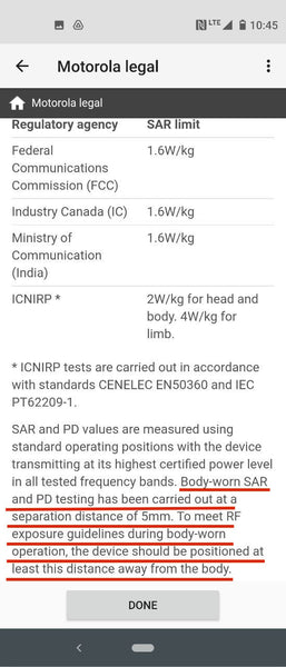 fine print radiation warning of a smartphone