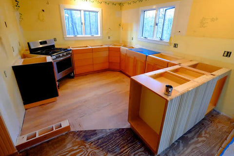 Base cabinets installed reclaimed Douglas Fir