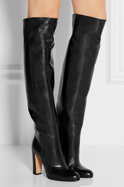 Trendy Black Leather Knee High Thick 