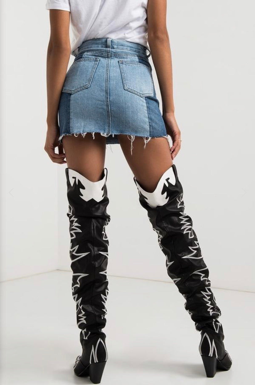black and white thigh high cowboy boots