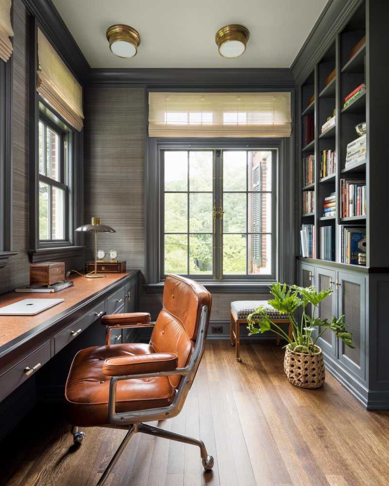 Workspace with dark walls and leather chair