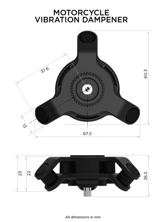 Photo of the Vibration Dampener with dimensions overlaid