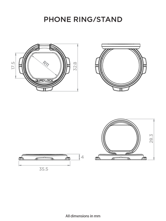 Technical drawing showing the dimensions of the Quad Lock Phone/Ring Stand