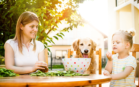 family with dog and peas