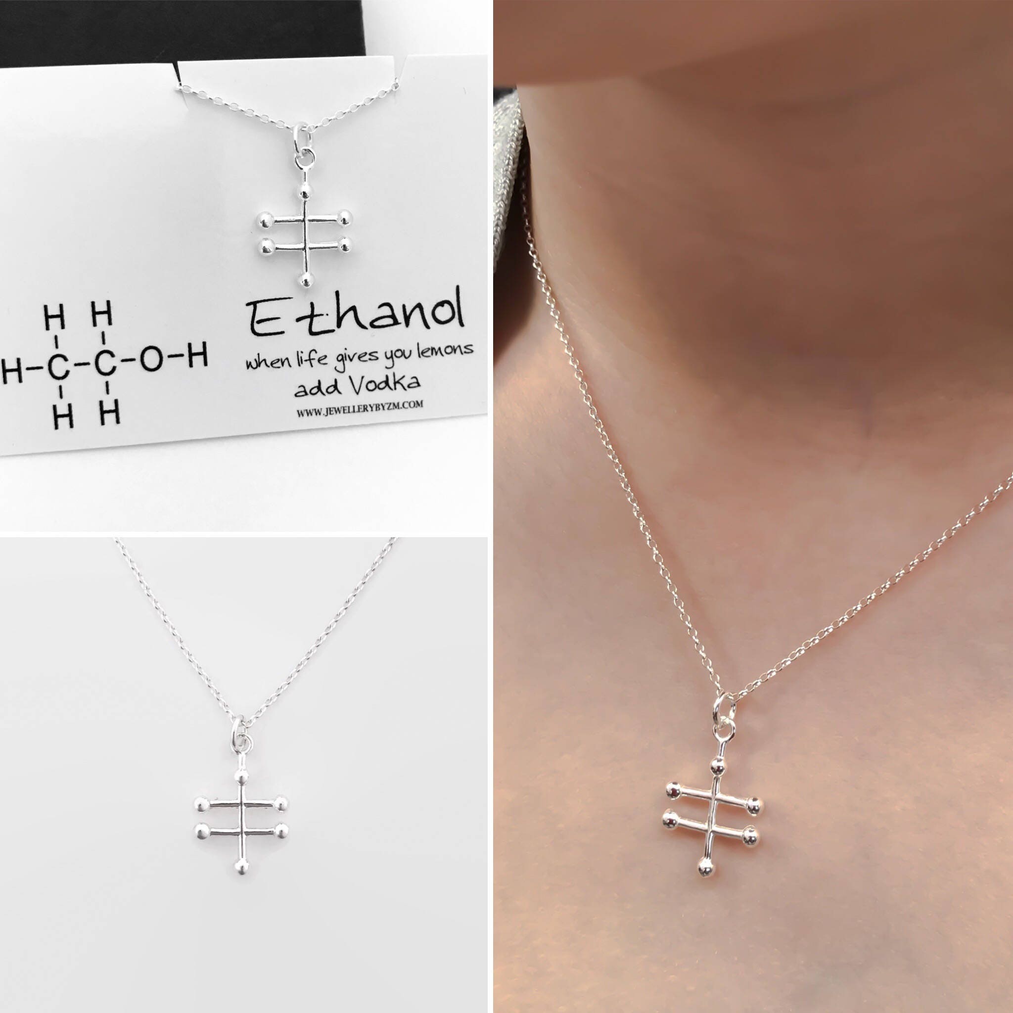 Jewellery, Molecule, - Necklace Chemistry Necklace, Necklace Sterling  Science Alcohol Molecule Vodka Molecule Silver Jewellery, Ethanol