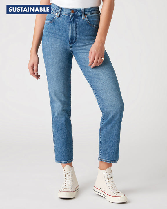 Wrangler Wild West High Rise Cropped Jeans - Mid Blue | JEANSTORE