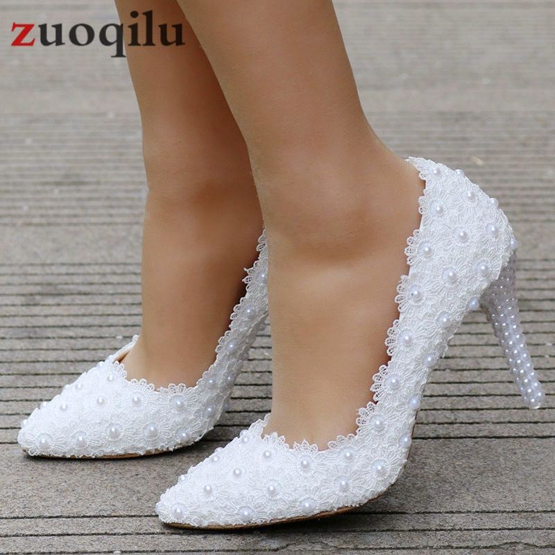 White Heels Lace Bride Shoes Wedding 