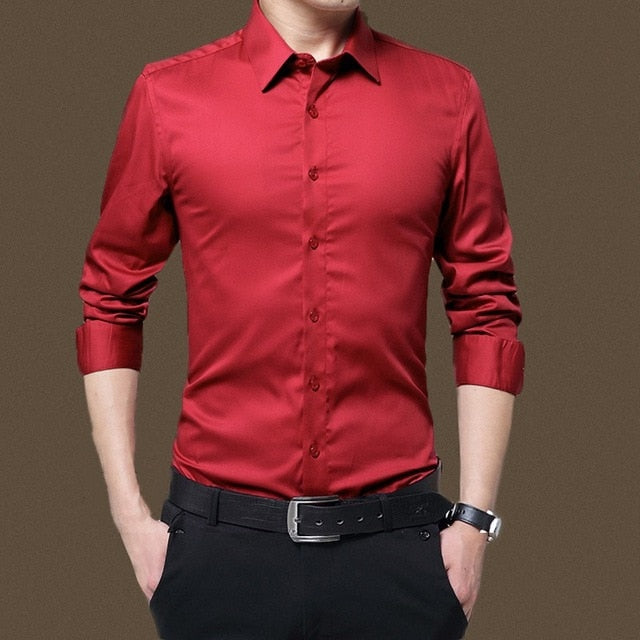 red long sleeve shirt dress