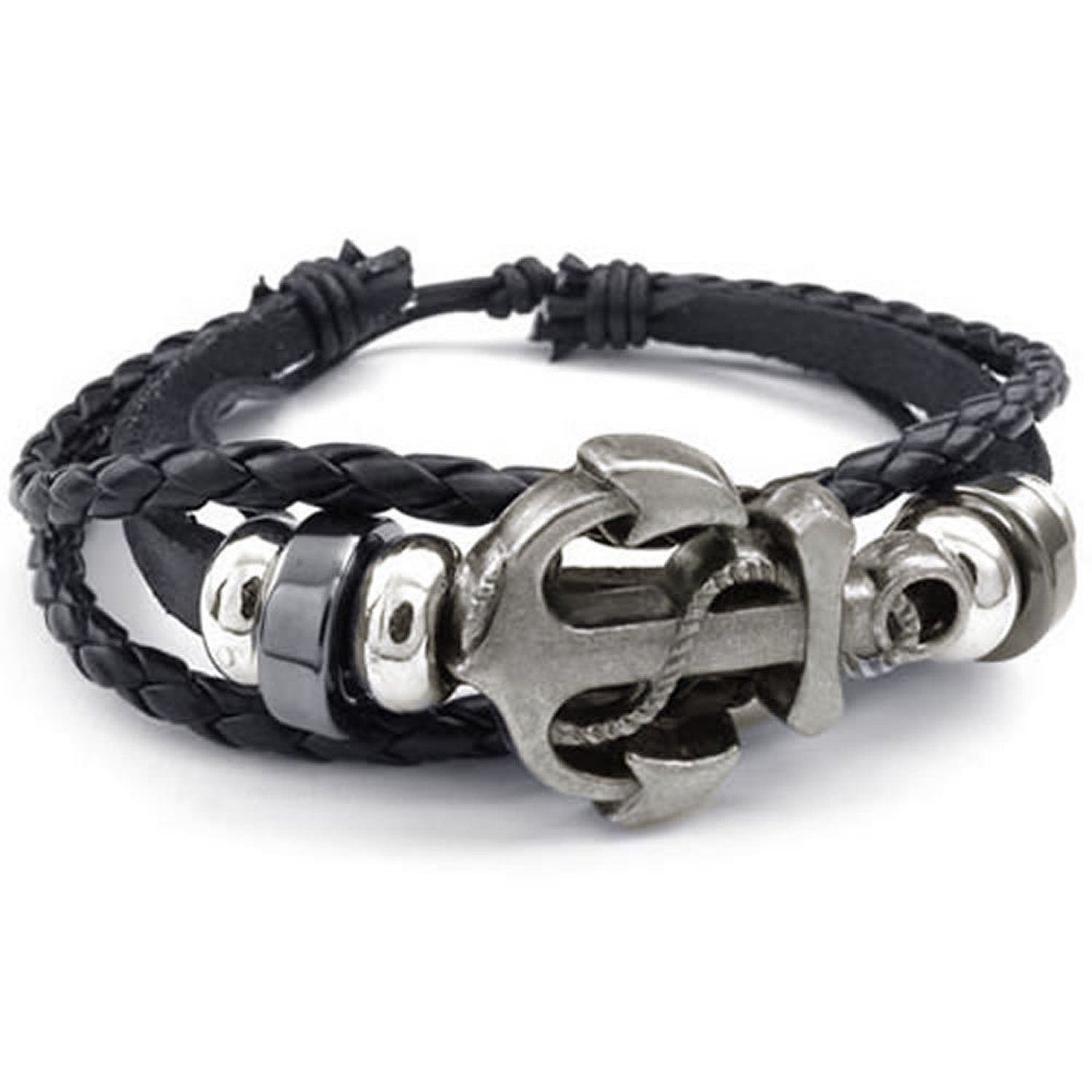 Men's Alloy Leather Bracelet Anchor Charm Bangle Adjustable Black ...