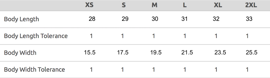 size chart for unisex baseball ts